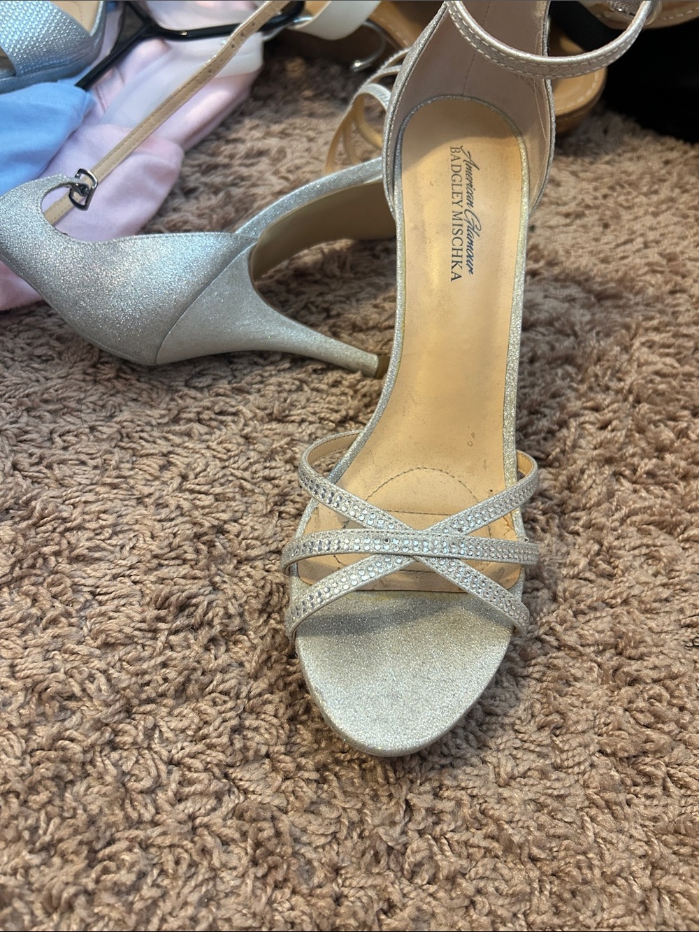 Badgley Mischka Silver Glitter Strappy Evening Heels